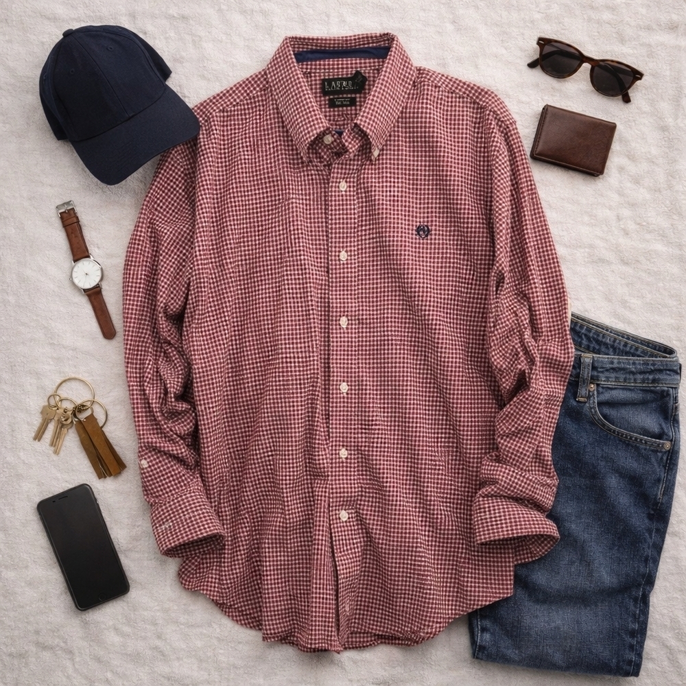 LaurenRalph Lauren Red /white Gingham Long Sleeve Button Cotton Shirt Mens 17/32